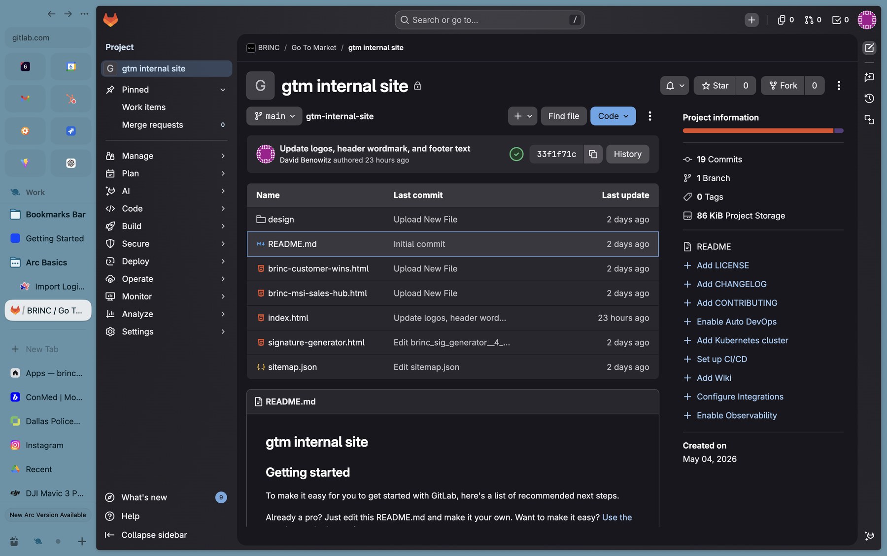 The GitLab project home for gtm-internal-site, showing the file list including index.html, sitemap.json, signature-generator.html, and a design/ directory.