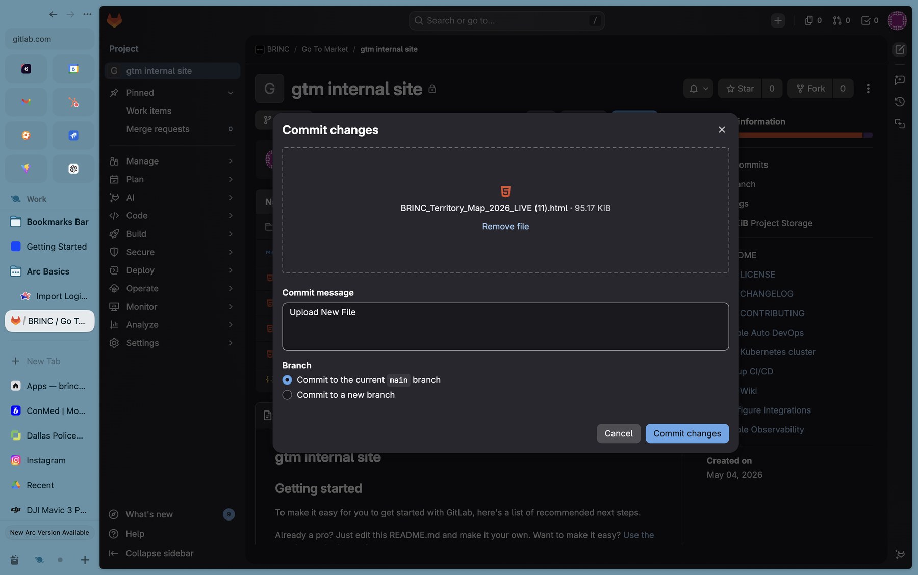 GitLab commit changes dialog with 'BRINC_Territory_Map_2026_LIVE (11).html · 95.17 KiB' attached, a commit message field saying 'Upload New File', and 'Commit to the current main branch' selected.