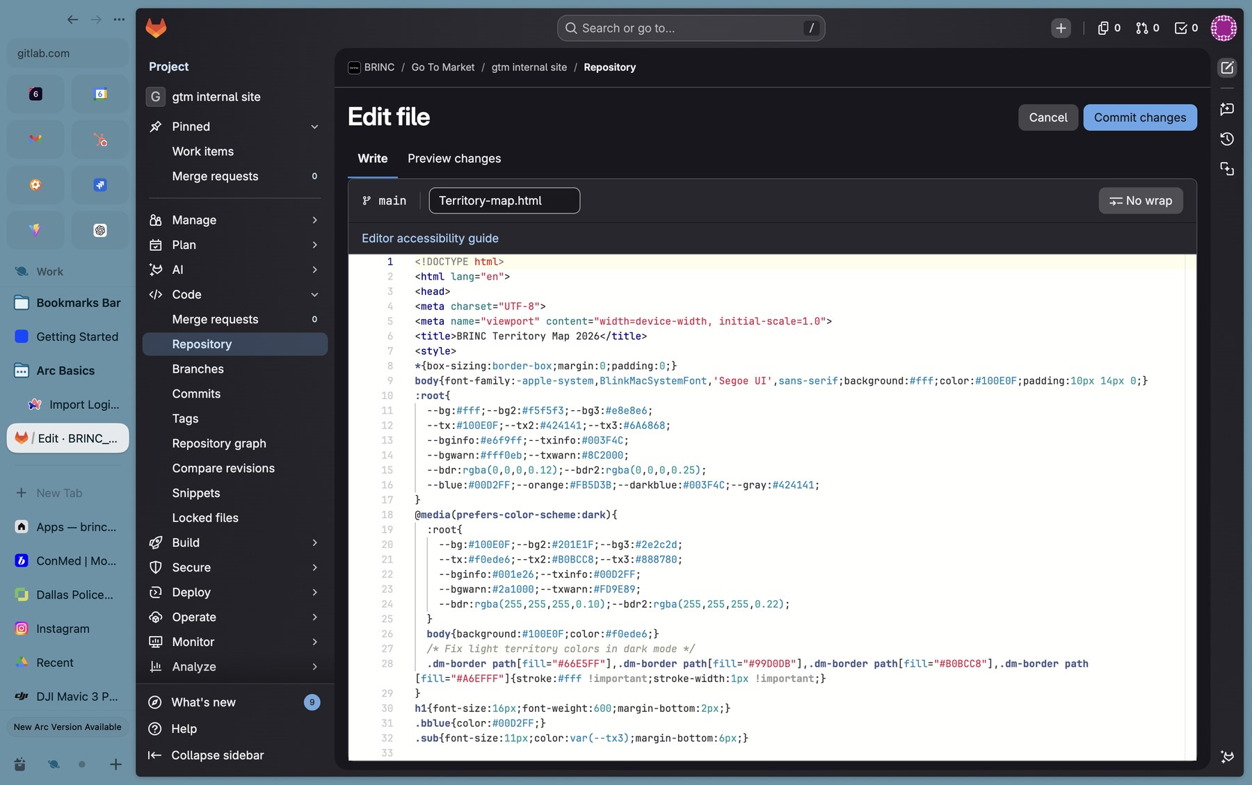 GitLab's in-browser file editor, showing an empty Territory-map.html file open with the dark Web IDE interface.