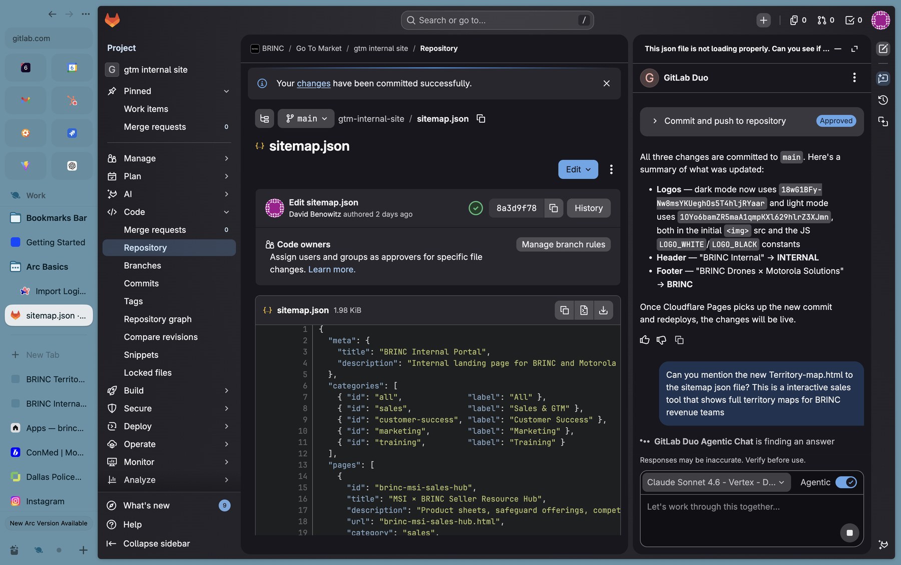 The sitemap.json file open in GitLab with the GitLab Duo AI panel on the right, showing a request to add the Territory-map.html to the sitemap and a generated entry summary.