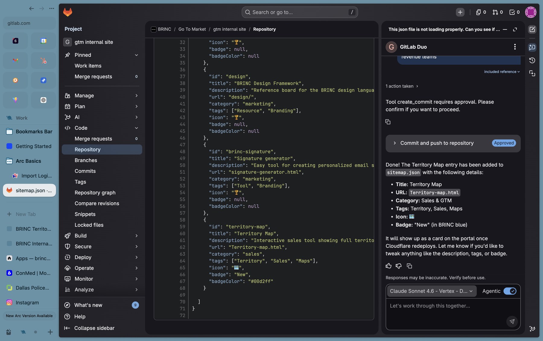 The sitemap.json file open in GitLab, showing the JSON structure with entries for design, brinc-signature, and a new territory-map entry with title 'Territory Map', URL 'Territory-map.html', category 'sales', tags ['Territory', 'Sales', 'Maps'], badge 'New', and badgeColor '#00d2ff'.